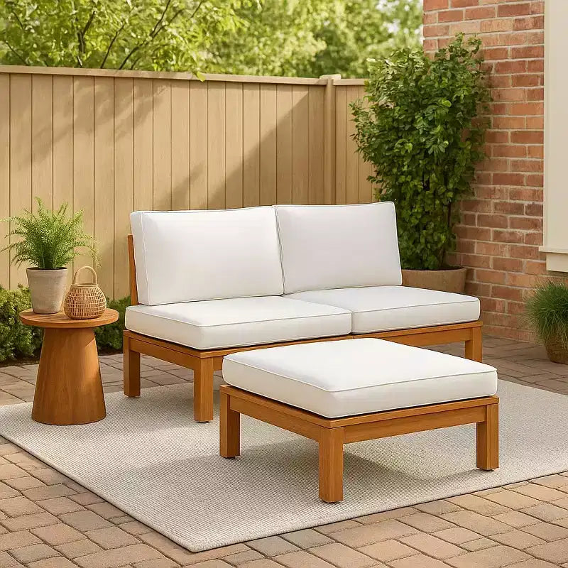 2-teiliges Modulsofa-Set & Chaiselongue, umwandelbar, mit Naturholz-Finish – Teamson Home: Massiver Akazienrahmen & wetterfeste Outdoor-Kissen