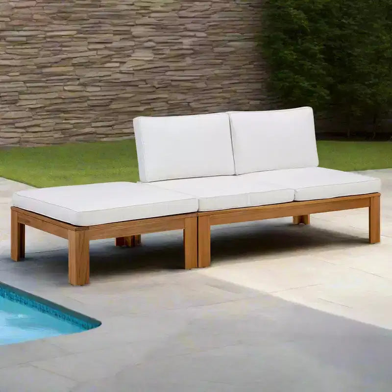 2-teiliges Modulsofa-Set & Chaiselongue, umwandelbar, mit Naturholz-Finish – Teamson Home: Massiver Akazienrahmen & wetterfeste Outdoor-Kissen