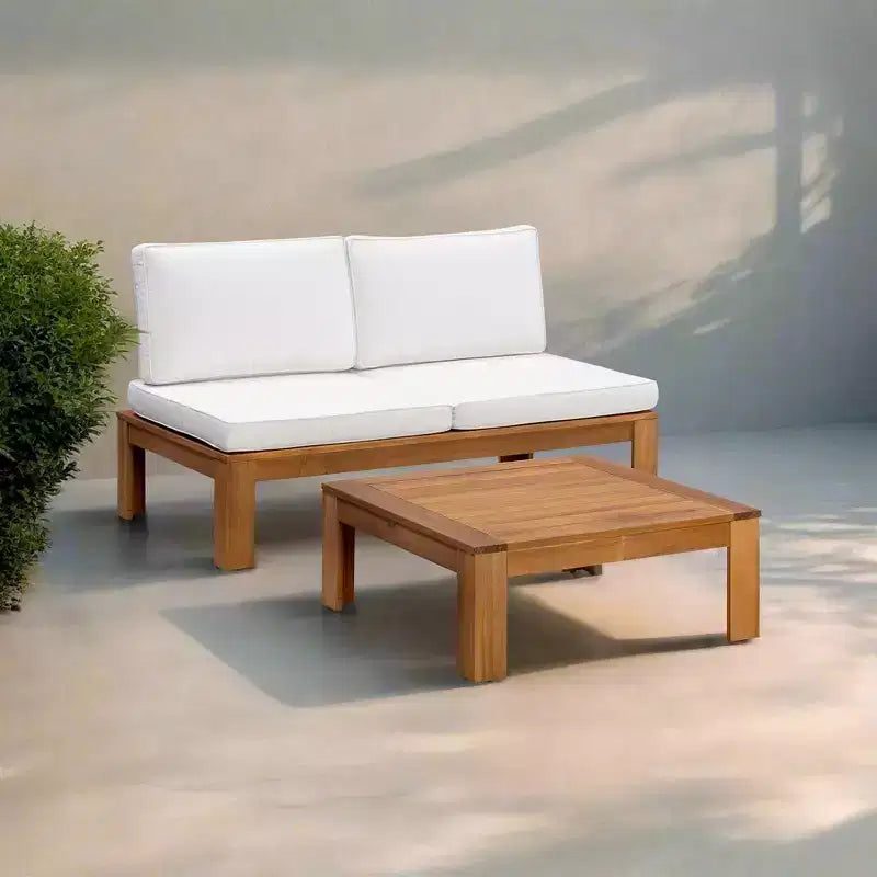 2-teiliges Modulsofa-Set & Chaiselongue, umwandelbar, mit Naturholz-Finish – Teamson Home: Massiver Akazienrahmen & wetterfeste Outdoor-Kissen