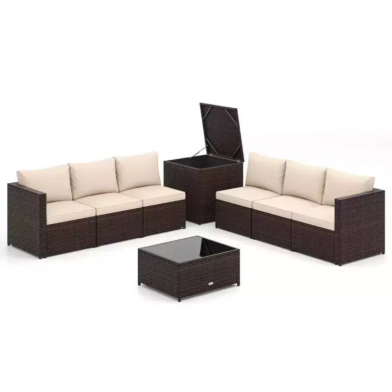 Costway 8-teilige Gartenmöbel-Sitzgruppe mit Aufbewahrungsbox & Couchtisch aus gehärtetem Glas Beige