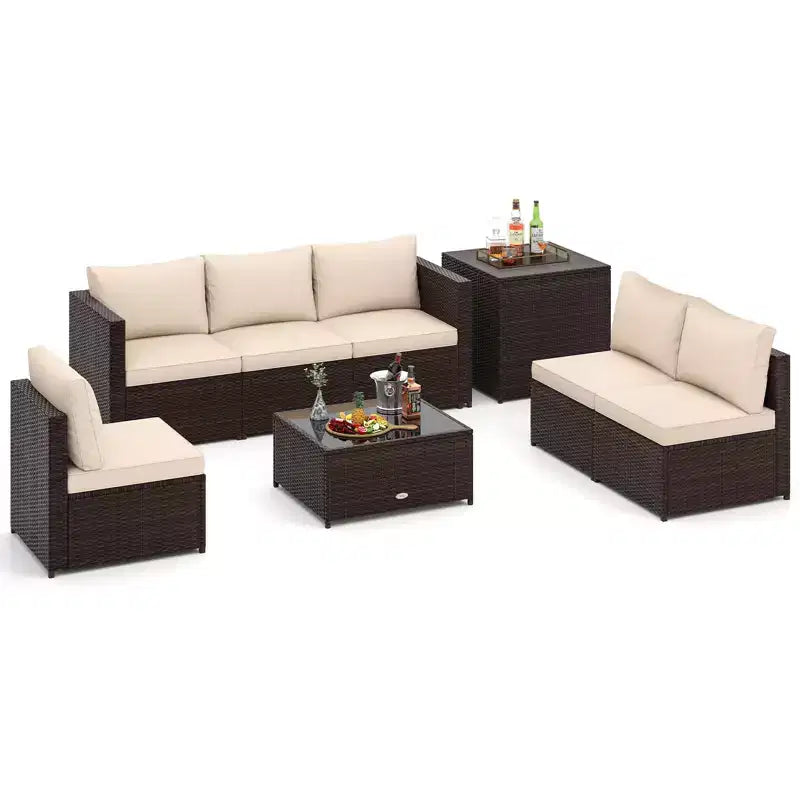 Costway 8-teilige Gartenmöbel-Sitzgruppe mit Aufbewahrungsbox & Couchtisch aus gehärtetem Glas Beige