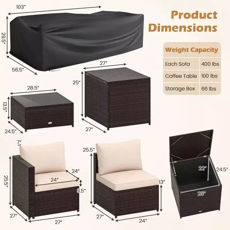 Costway 8-teilige Gartenmöbel-Sitzgruppe mit Aufbewahrungsbox & Couchtisch aus gehärtetem Glas Beige