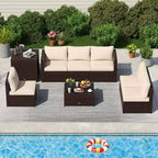 Costway 8-teilige Gartenmöbel-Sitzgruppe mit Aufbewahrungsbox & Couchtisch aus gehärtetem Glas Beige