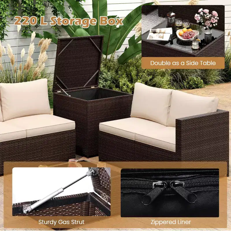 Costway 8-teilige Gartenmöbel-Sitzgruppe mit Aufbewahrungsbox & Couchtisch aus gehärtetem Glas Beige