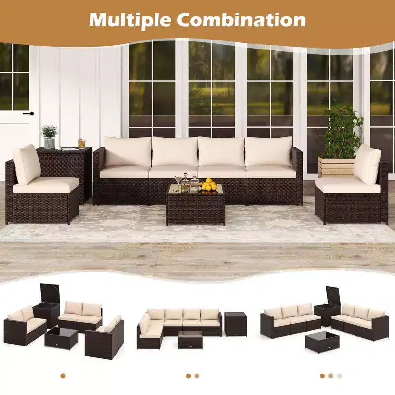 Costway 8-teilige Gartenmöbel-Sitzgruppe mit Aufbewahrungsbox & Couchtisch aus gehärtetem Glas Beige