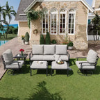 EROMMY 6-teiliges Outdoor-Metall-Gesprächs-Set mit 360°-Dreh-Schaukelstühlen, Sofa und Ottoman für Terrasse, Garten, Deck oder Pool