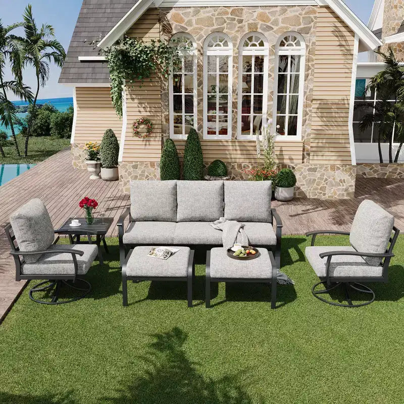 EROMMY 6-teiliges Outdoor-Metall-Gesprächs-Set mit 360°-Dreh-Schaukelstühlen, Sofa und Ottoman für Terrasse, Garten, Deck oder Pool