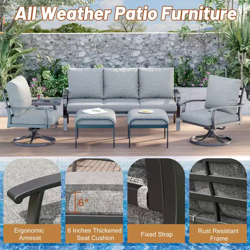 EROMMY 6-teiliges Outdoor-Metall-Gesprächs-Set mit 360°-Dreh-Schaukelstühlen, Sofa und Ottoman für Terrasse, Garten, Deck oder Pool