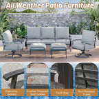EROMMY 6-teiliges Outdoor-Metall-Gesprächs-Set mit 360°-Dreh-Schaukelstühlen, Sofa und Ottoman für Terrasse, Garten, Deck oder Pool