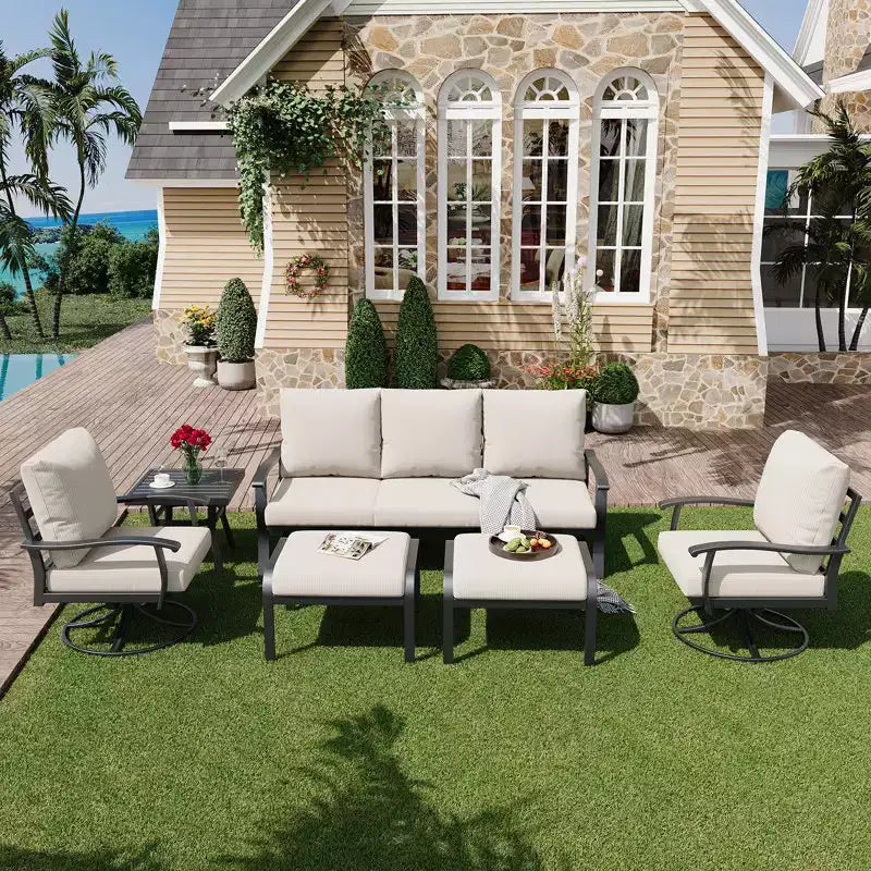 EROMMY 6-teiliges Outdoor-Metall-Gesprächs-Set mit 360°-Dreh-Schaukelstühlen, Sofa und Ottoman für Terrasse, Garten, Deck oder Pool