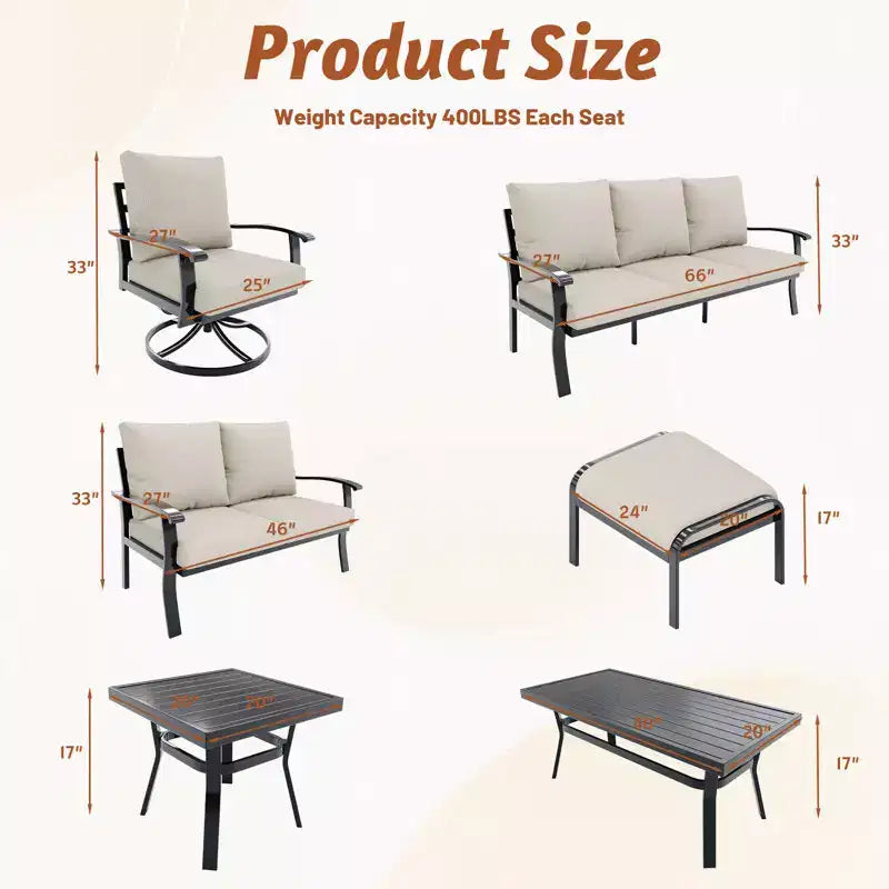EROMMY 6-teiliges Outdoor-Metall-Gesprächs-Set mit 360°-Dreh-Schaukelstühlen, Sofa und Ottoman für Terrasse, Garten, Deck oder Pool