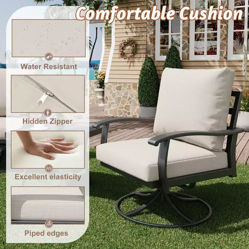 EROMMY 6-teiliges Outdoor-Metall-Gesprächs-Set mit 360°-Dreh-Schaukelstühlen, Sofa und Ottoman für Terrasse, Garten, Deck oder Pool