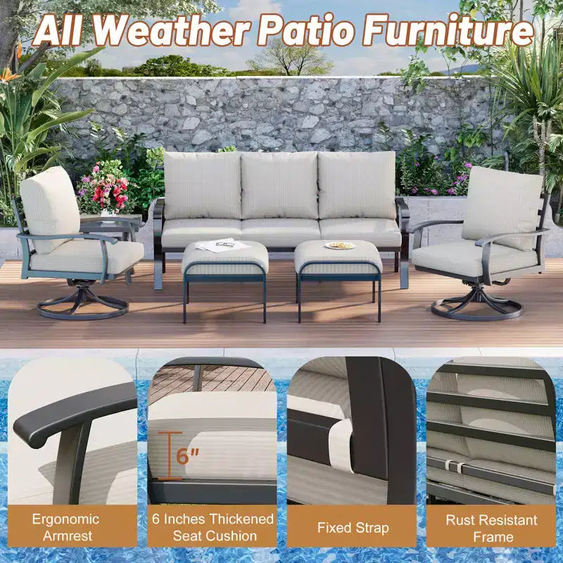 EROMMY 6-teiliges Outdoor-Metall-Gesprächs-Set mit 360°-Dreh-Schaukelstühlen, Sofa und Ottoman für Terrasse, Garten, Deck oder Pool