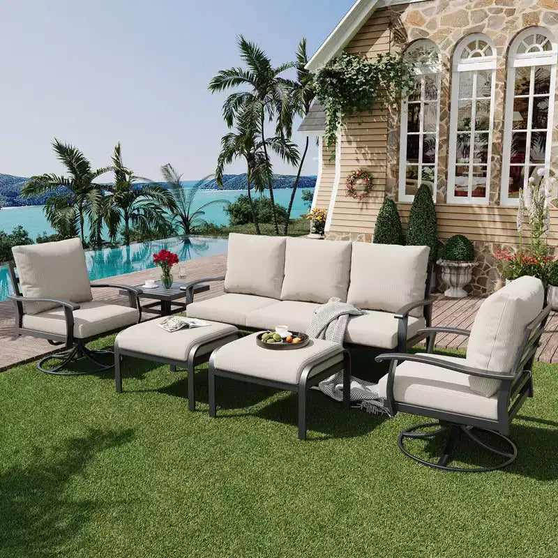 EROMMY 6 PCS Outdoor Metal Conversation Set With 360 Swivel Rocking Chairs, Sofa, &Ottoman For Patio, Garden, Deck Or Poolside