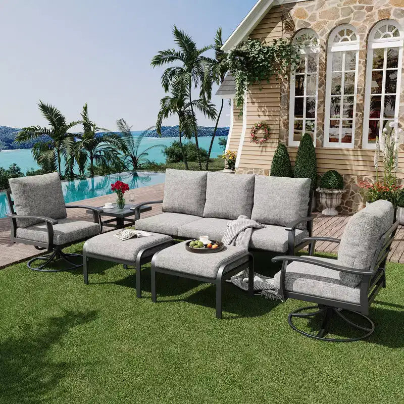 EROMMY 6-teiliges Outdoor-Metall-Gesprächs-Set mit 360°-Dreh-Schaukelstühlen, Sofa und Ottoman für Terrasse, Garten, Deck oder Pool
