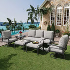 EROMMY 6-teiliges Outdoor-Metall-Gesprächs-Set mit 360°-Dreh-Schaukelstühlen, Sofa und Ottoman für Terrasse, Garten, Deck oder Pool