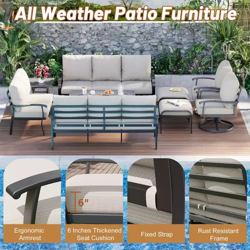EROMMY 9-teiliges Gartenmöbel-Set aus Metall für 10 Personen