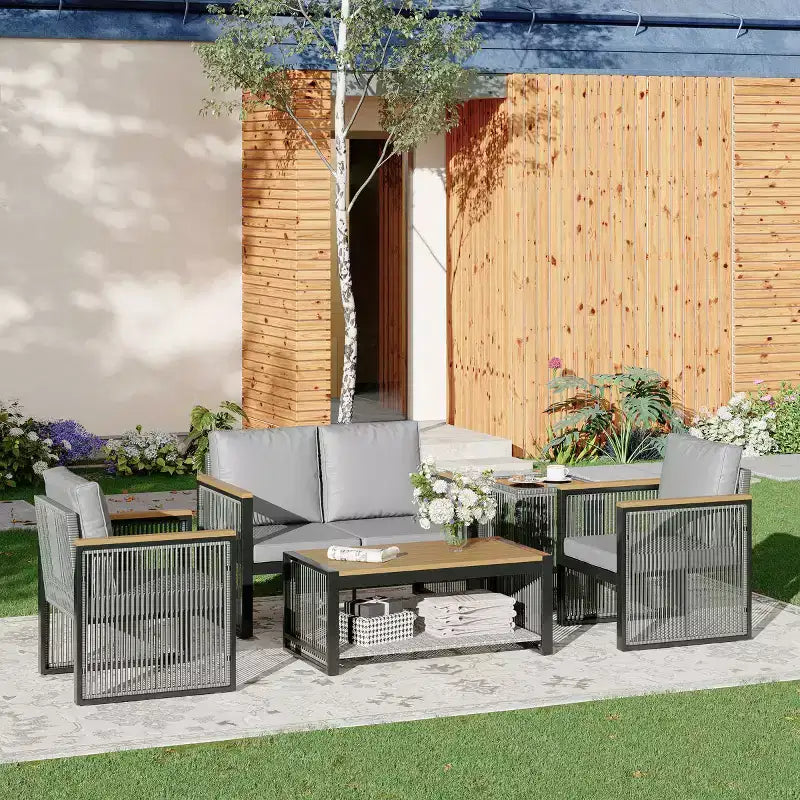 EROMMY 5-teiliges Outdoor-Sitzgruppe, moderne Gartenmöbel, Konversationssets mit Couchtisch