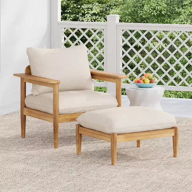 Christopher Knight Home Kate Patio Acacia Wood Club Chair and Ottoman Set with Water-Resistant Cushions