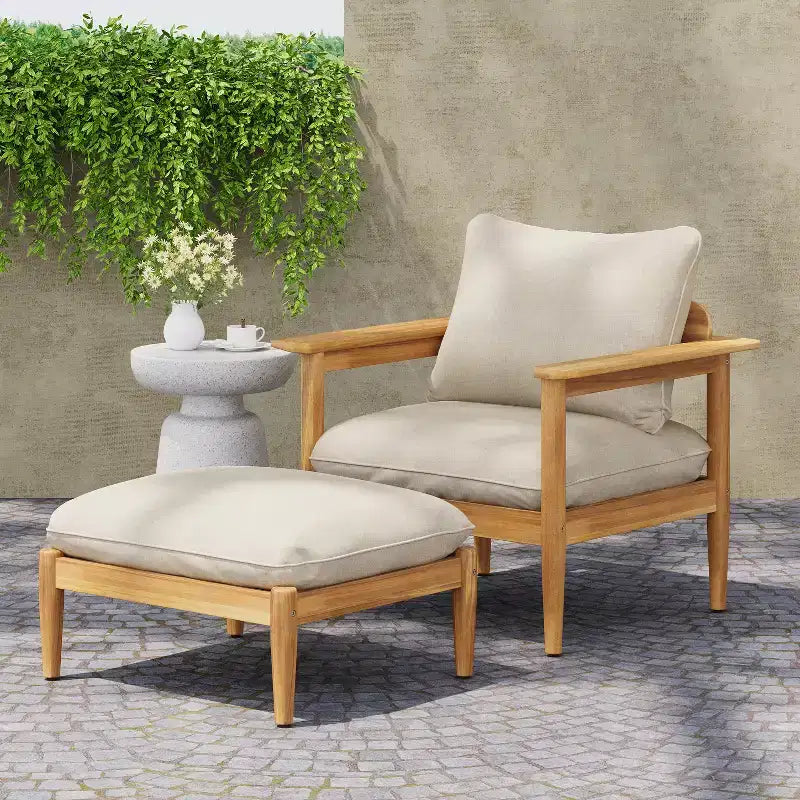 Christopher Knight Home Kate Patio Akazienholz Loungesessel- und Ottoman-Set mit wasserabweisenden Kissen