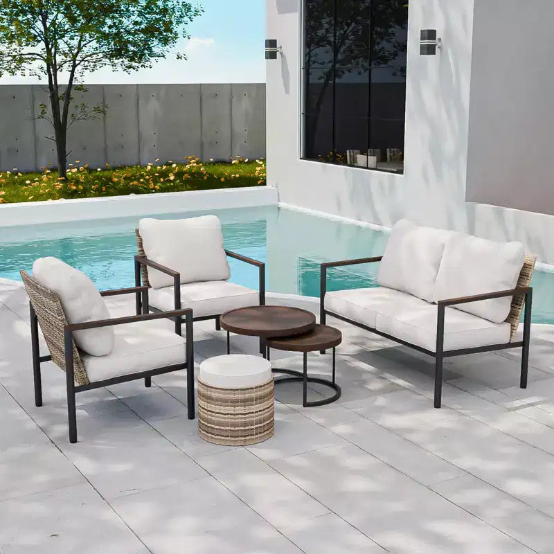 EAGLE PEAK Sunset Dune 6-teiliges Modernes Gartenmöbel-Set, Lounge aus Polyrattan in Holzoptik
