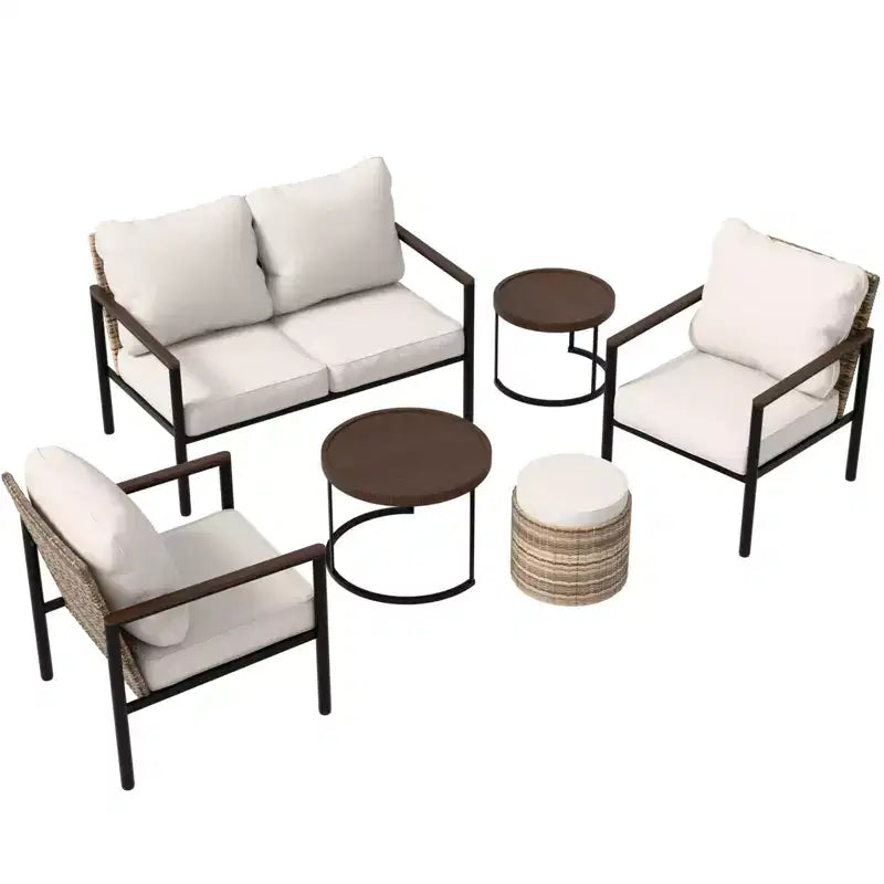 EAGLE PEAK Sunset Dune 6-teiliges Modernes Gartenmöbel-Set, Lounge aus Polyrattan in Holzoptik