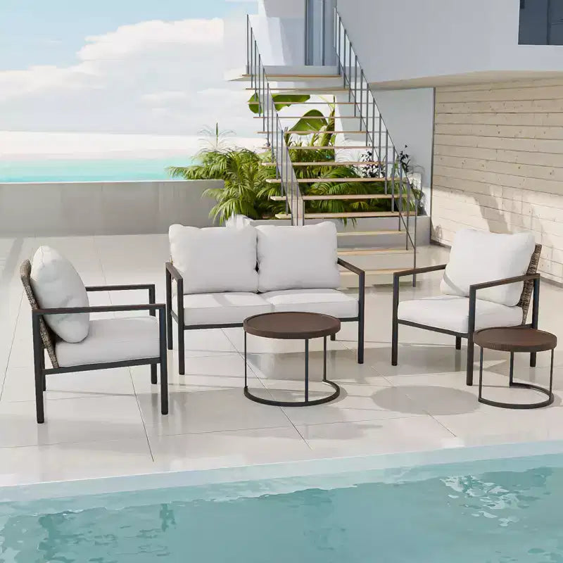 EAGLE PEAK Sunset Dune 6 Piece Collection Modern Outdoor Furniture Set, Patio Wicker Lounge Wood Grain