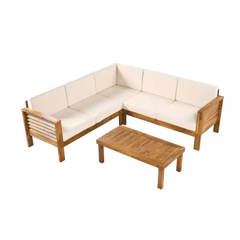 Christopher Knight Home Percy Patio Akazienholz L-förmiges, gepolstertes 5-Sitzer-Ecksofa-Set mit Couchtisch