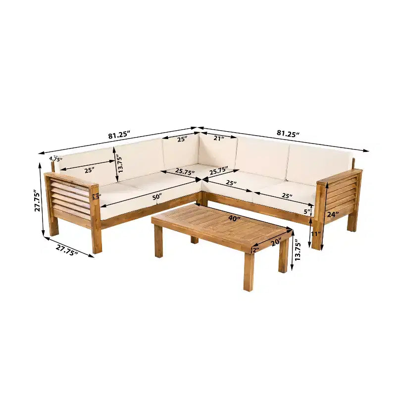Christopher Knight Home Percy Patio Akazienholz L-förmiges, gepolstertes 5-Sitzer-Ecksofa-Set mit Couchtisch