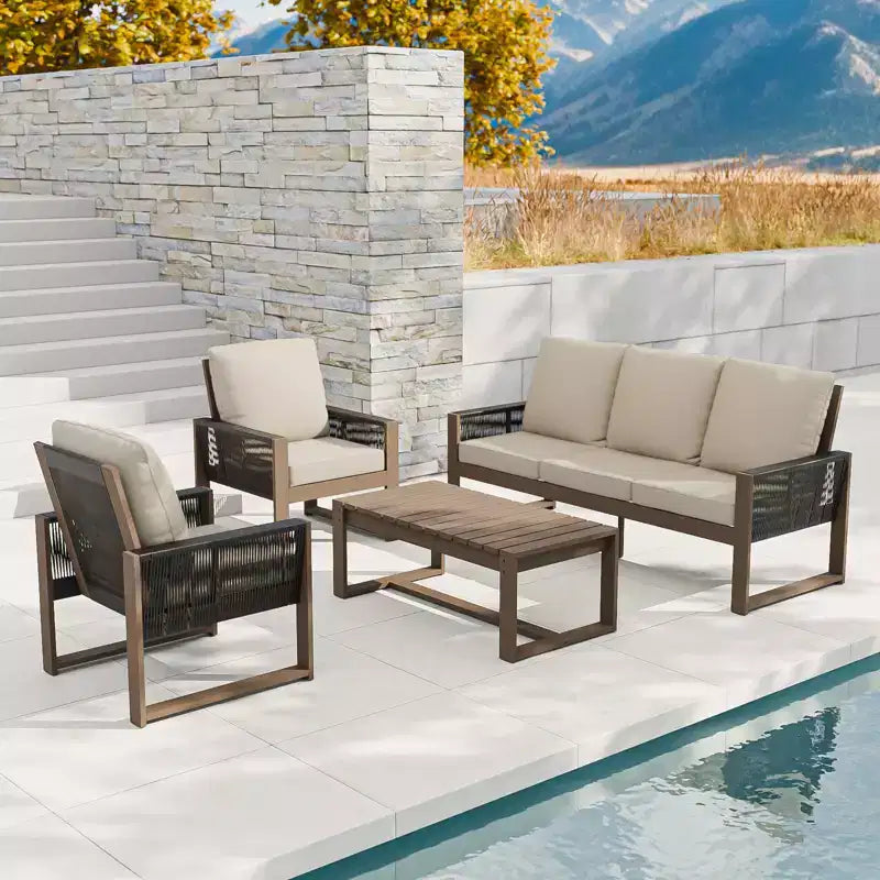EAGLE PEAK 4-teiliges Terrassenmöbel-Set aus natürlichem Zedernholz, Outdoor-Sitzgruppe mit Couchtisch