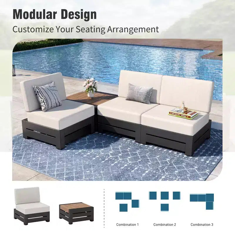 Captiva Designs Outdoor Patio Modulares Ecksofa Konversationsset mit tiefen Kissen und Holztisch