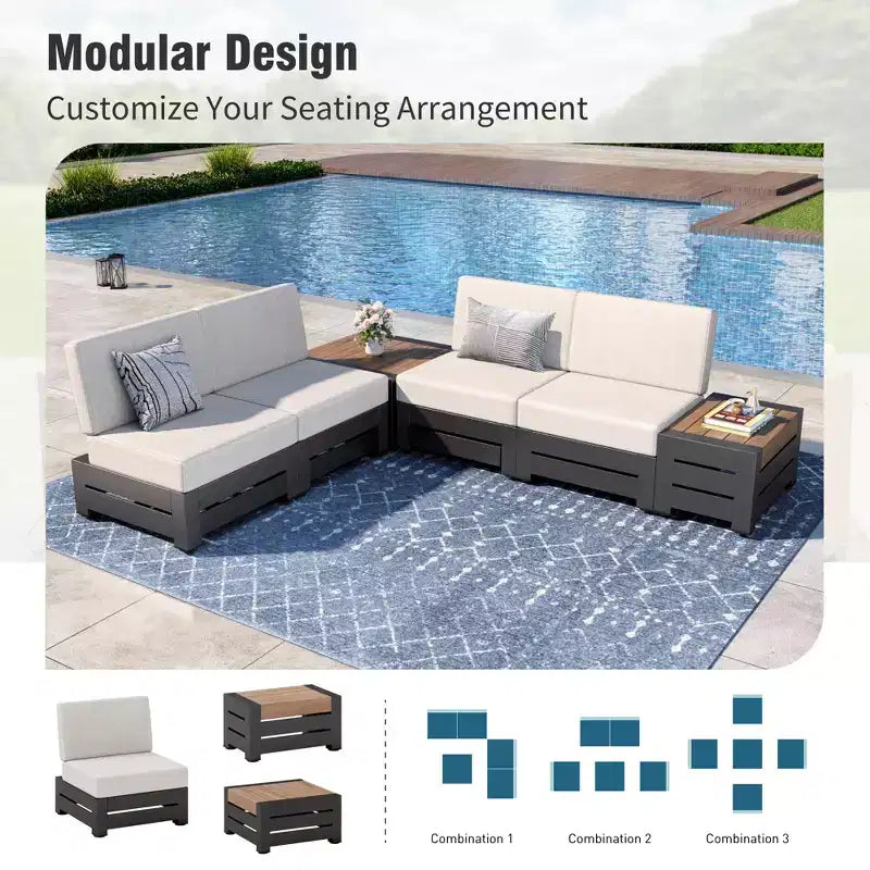 Captiva Designs Outdoor Patio Modulares Ecksofa Konversationsset mit tiefen Kissen und Holztisch