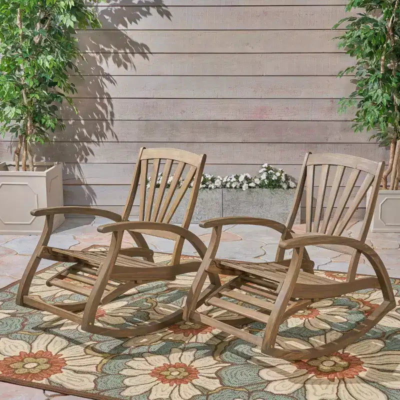 GDFStudio Dora Acacia Wood Rocking Chair with Retractable Footrest and Slatted Design(Set of 2)