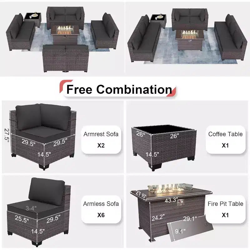 ALAULM 10-teiliges Terrassenmöbel-Set, Rattan-Gartenmöbel-Sofa-Set, Outdoor-Sitzgruppen