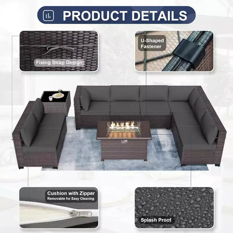 ALAULM 10-teiliges Terrassenmöbel-Set, Rattan-Gartenmöbel-Sofa-Set, Outdoor-Sitzgruppen