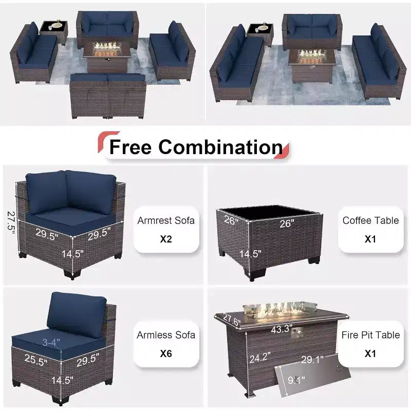 ALAULM 10-teiliges Terrassenmöbel-Set, Rattan-Gartenmöbel-Sofa-Set, Outdoor-Sitzgruppen