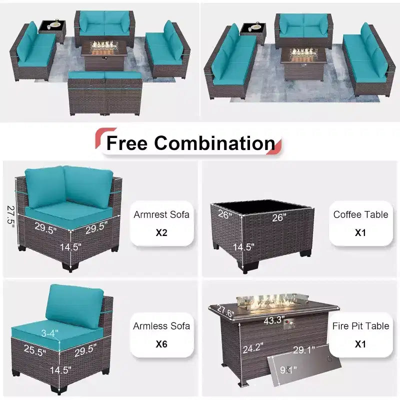 ALAULM 10-teiliges Terrassenmöbel-Set, Rattan-Gartenmöbel-Sofa-Set, Outdoor-Sitzgruppen