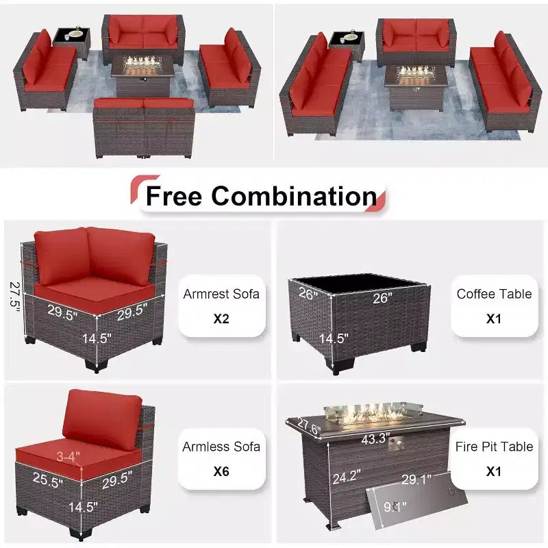ALAULM 10-teiliges Terrassenmöbel-Set, Rattan-Gartenmöbel-Sofa-Set, Outdoor-Sitzgruppen