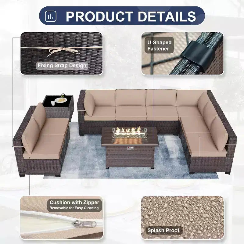 ALAULM 10-teiliges Terrassenmöbel-Set, Rattan-Gartenmöbel-Sofa-Set, Outdoor-Sitzgruppen
