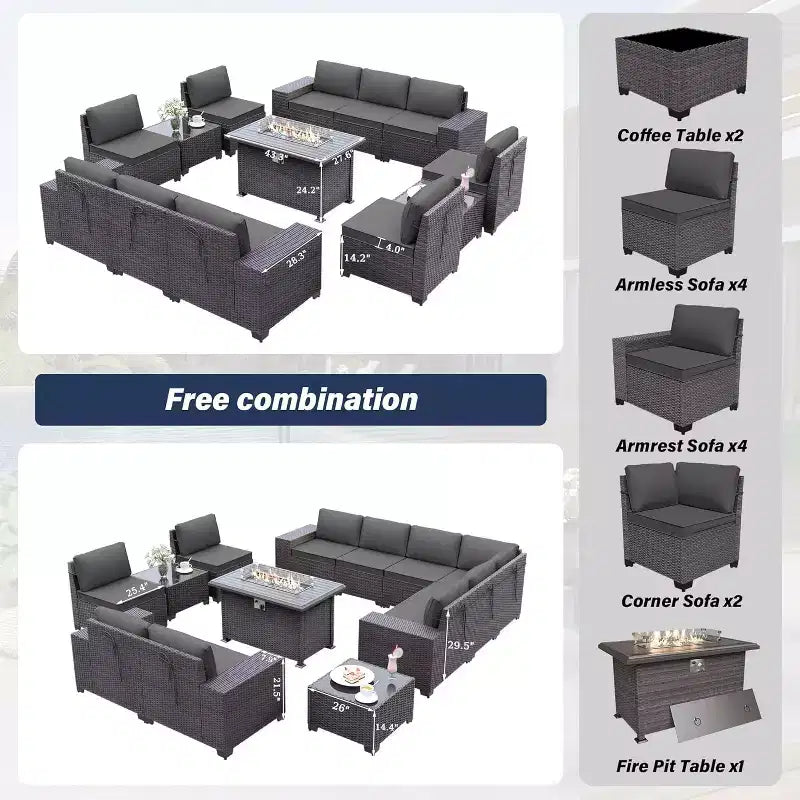 ALAULM 13-teiliges Gartenmöbel-Set, Lounge-Set aus Polyrattan für den Außenbereich, Sofa-Eckgruppe
