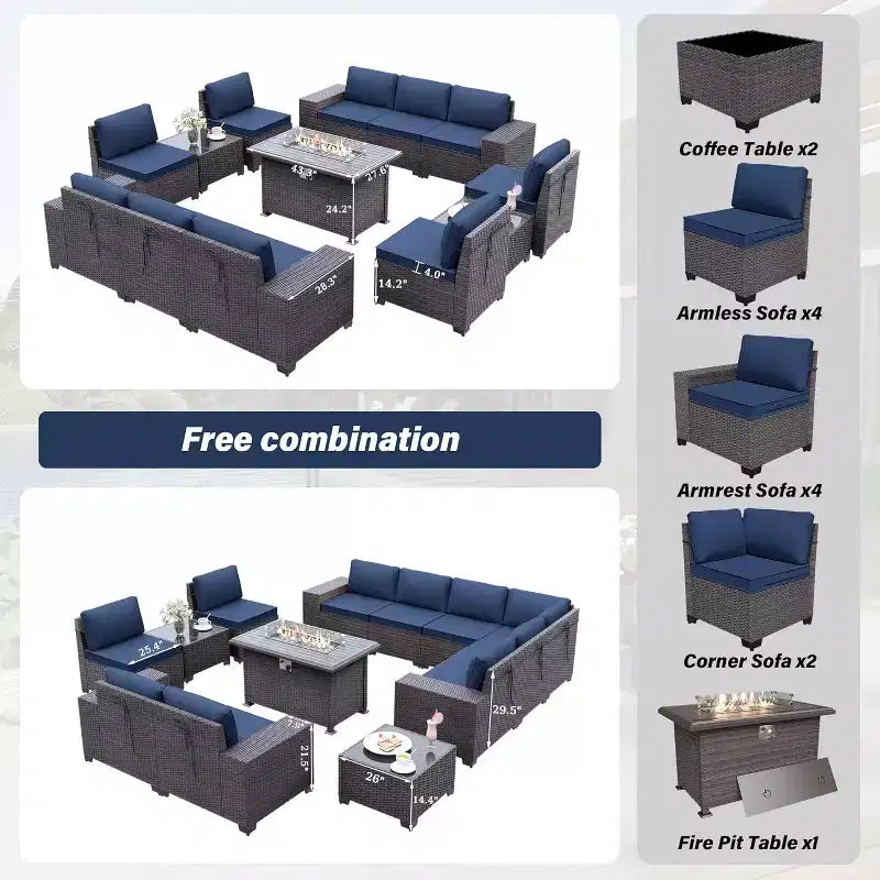 ALAULM 13-teiliges Gartenmöbel-Set, Lounge-Set aus Polyrattan für den Außenbereich, Sofa-Eckgruppe
