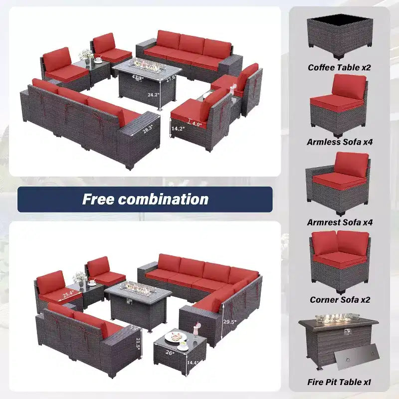 ALAULM 13-teiliges Gartenmöbel-Set, Lounge-Set aus Polyrattan für den Außenbereich, Sofa-Eckgruppe