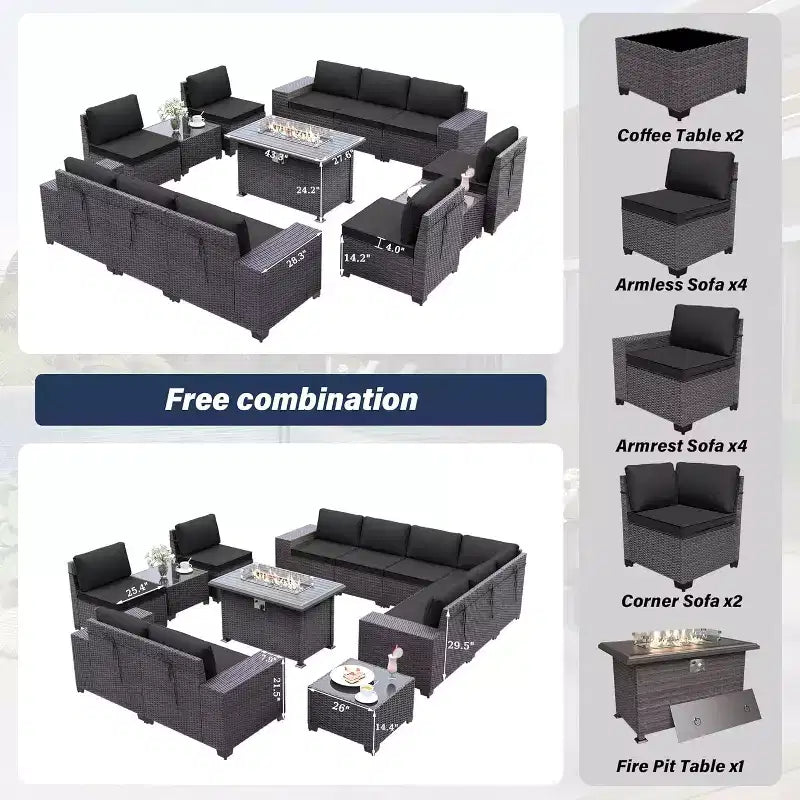 ALAULM 13-teiliges Gartenmöbel-Set, Lounge-Set aus Polyrattan für den Außenbereich, Sofa-Eckgruppe