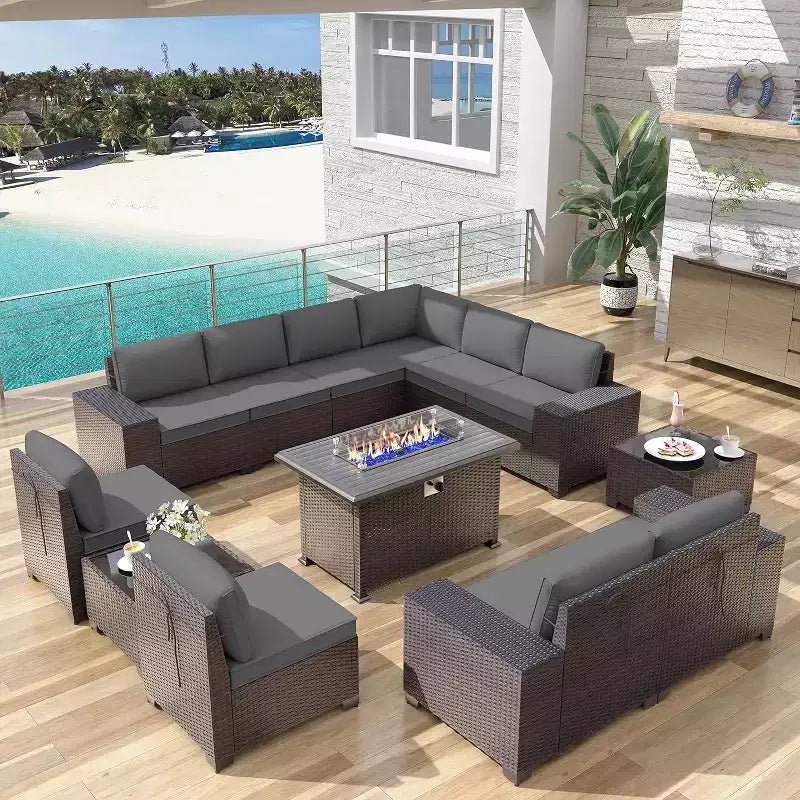ALAULM 13-teiliges Gartenmöbel-Set, Lounge-Set aus Polyrattan für den Außenbereich, Sofa-Eckgruppe