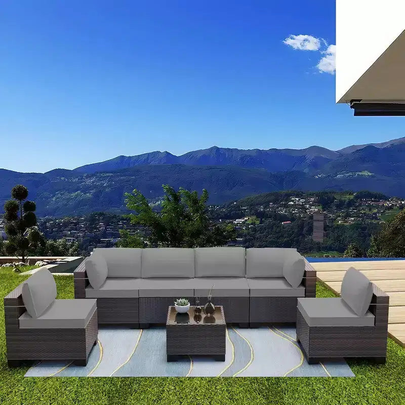 ALAULM Gartenmöbel 7-teiliges Outdoor-Sofa-Set aus PE-Rattan, braunes Geflecht, Garten-Konversationsset