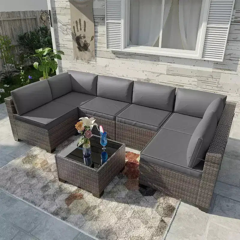 ALAULM Gartenmöbel 7-teiliges Outdoor-Sofa-Set aus PE-Rattan, braunes Geflecht, Garten-Konversationsset