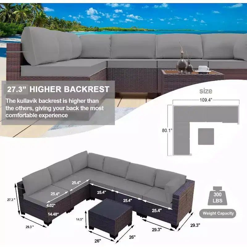 ALAULM Gartenmöbel 7-teiliges Outdoor-Sofa-Set aus PE-Rattan, braunes Geflecht, Garten-Konversationsset