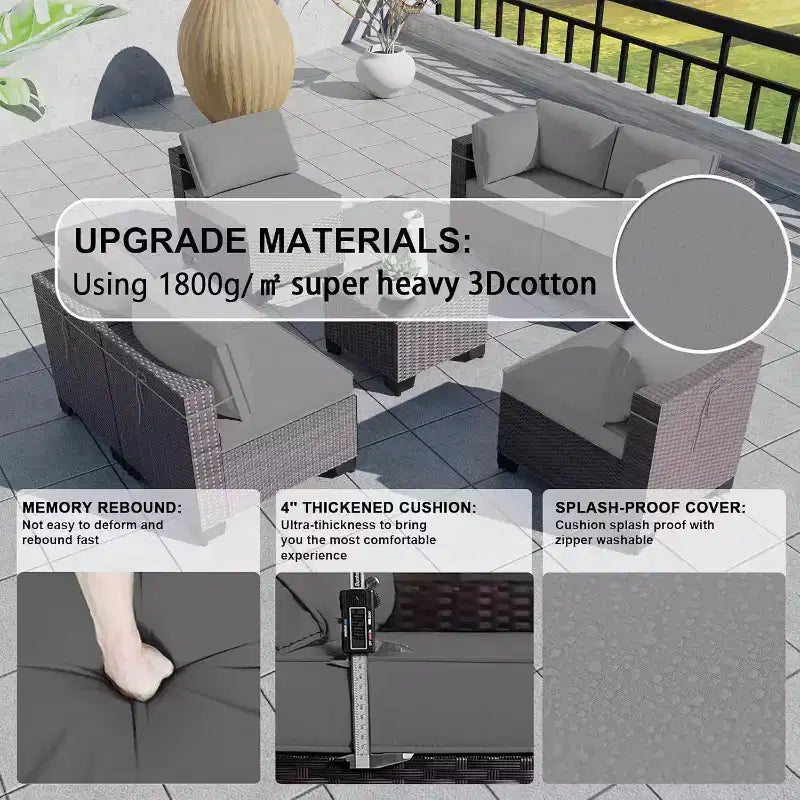 ALAULM Gartenmöbel 7-teiliges Outdoor-Sofa-Set aus PE-Rattan, braunes Geflecht, Garten-Konversationsset