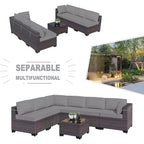 ALAULM Gartenmöbel 7-teiliges Outdoor-Sofa-Set aus PE-Rattan, braunes Geflecht, Garten-Konversationsset