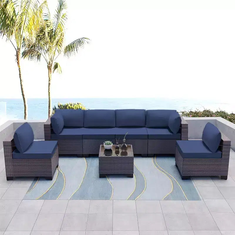 ALAULM Gartenmöbel 7-teiliges Outdoor-Sofa-Set aus PE-Rattan, braunes Geflecht, Garten-Konversationsset